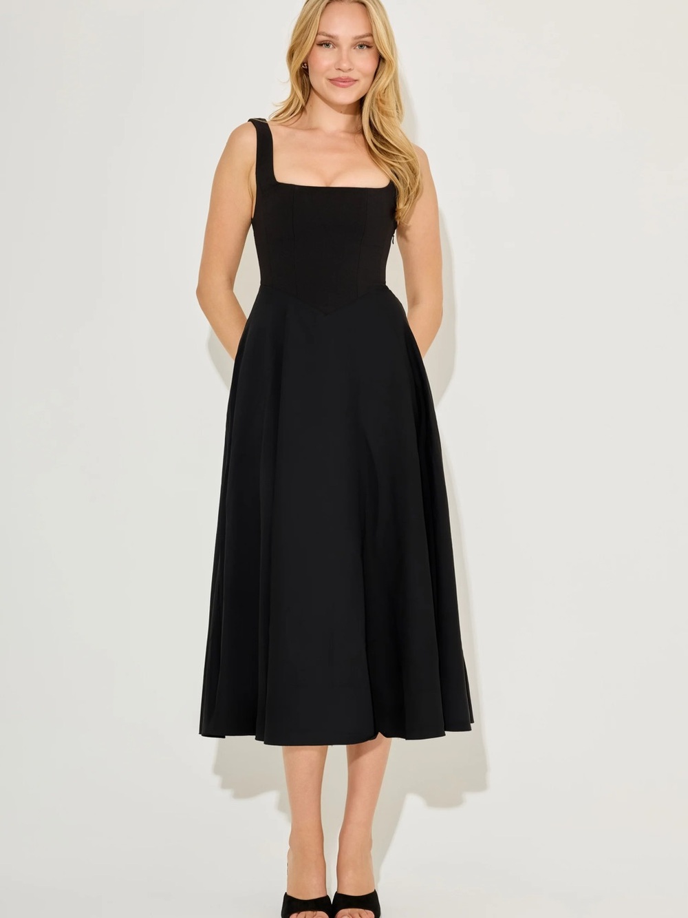 Odd Muse: Black Square-Neck Midi Dress with Wide Straps